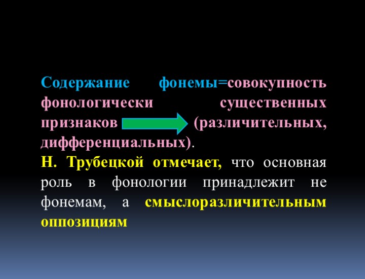 Содержание фонемы=совокупность фонологически существенных признаков (различительных, дифференциальных). Н. Трубецкой отмечает, что основная роль в